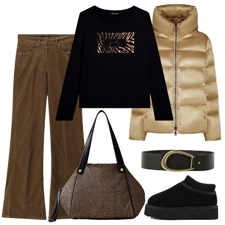 Outfit donna - Total look #2290966. Stile Casual per Tutti i giorni. Abbinamento con shopping bag, t-shirt, cinture, jeans, piumini, sabot.