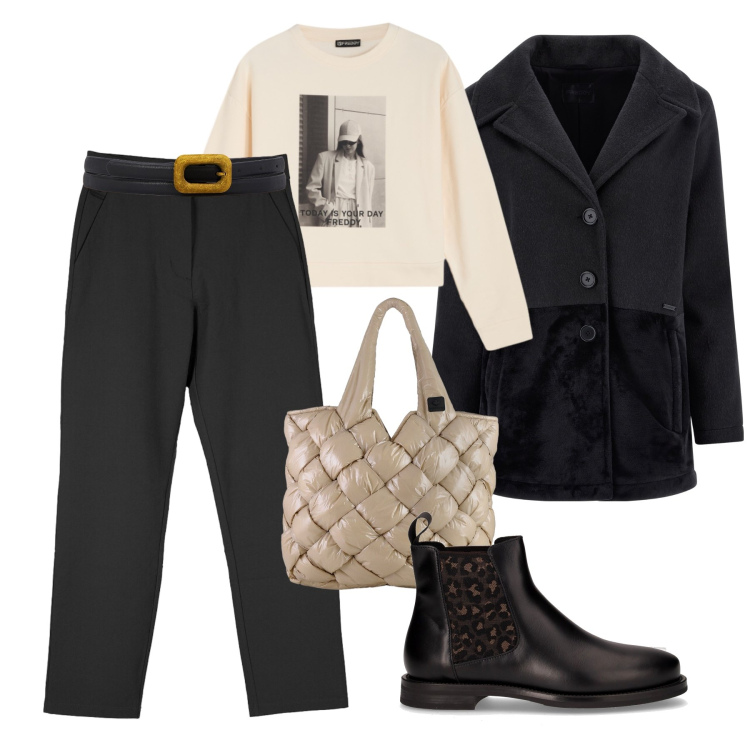 Outfit donna - Ufficio casual chic. Stile Casual chic per Ufficio. Abbinamento con cappotti, felpe, pantaloni chino, borse tote, cinture, stivaletti chelsea.