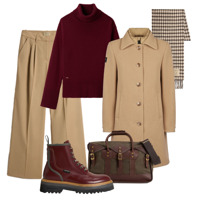 Outfit donna - Cammello e bordeaux. Stile Casual chic per Tutti i giorni. Abbinamento con cappotti, borse a tracolla, maglieria, anfibi, pantaloni, sciarpe.