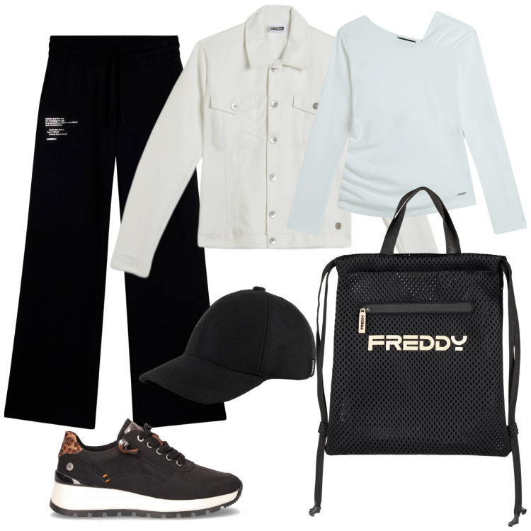 Outfit donna - Bianco e Nero Sport. Stile Sporty chic per Tutti i giorni. Abbinamento con zaini, giacche, pantaloni sportivi, maglieria, cappelli, sneakers.