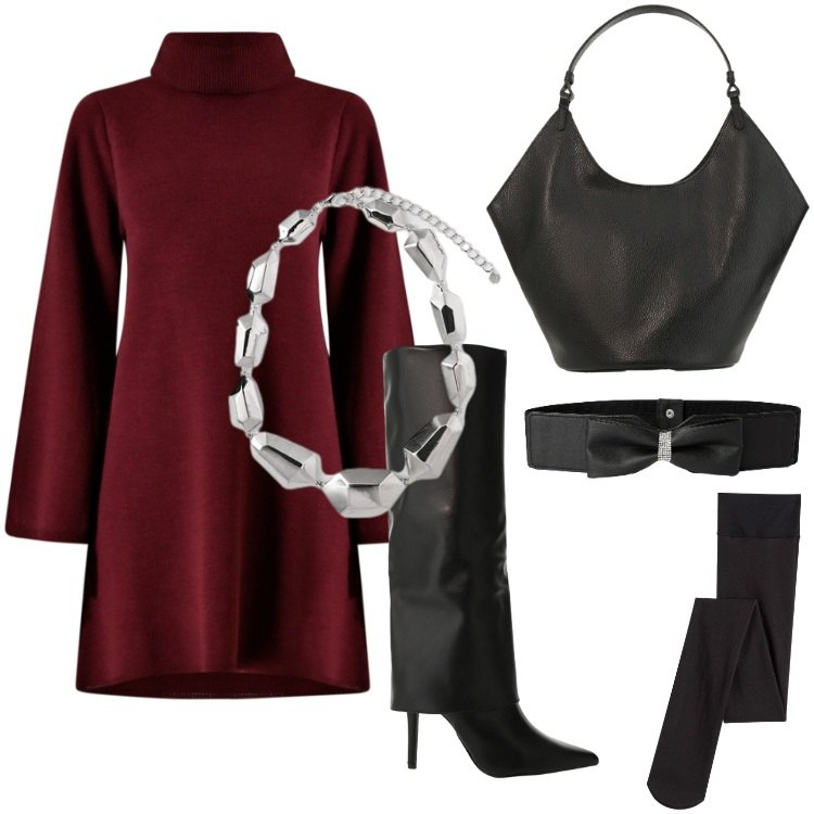 Outfit donna - Total look #2290973. Stile Trendy per Serata fuori. Abbinamento con collant, cinture, vestiti corti, stivali, borse a spalla, ciondoli.