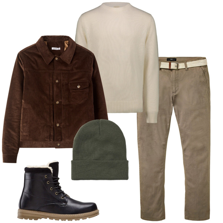 Outfit uomo - Colori della terra. Stile Casual per Tutti i giorni. Abbinamento con stivali e stivaletti, pantaloni chino, berretti, cappotti, maglieria.
