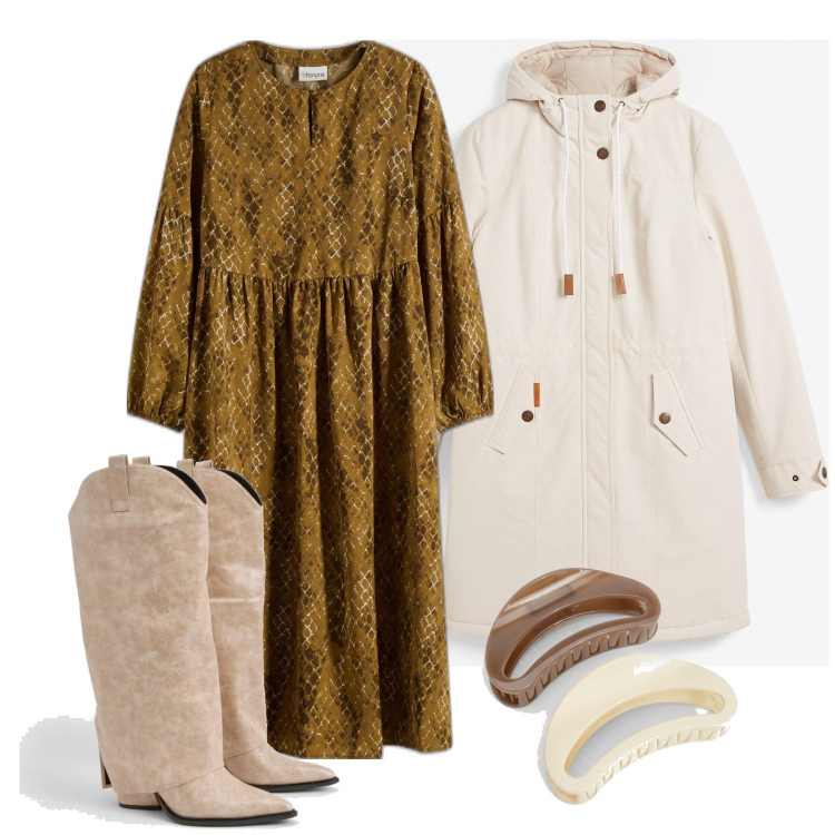 Outfit femme - Novembre. Style Urban pour Tous les jours. Assortir avec foulards, robes mi-longues/au genou, accessoires pour cheveux, bottines.