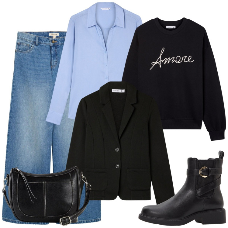 Outfit donna - Venerdì. Stile Basic per Ufficio. Abbinamento con stivaletti chelsea, jeans, borse a tracolla, felpe, blazer, camicie.