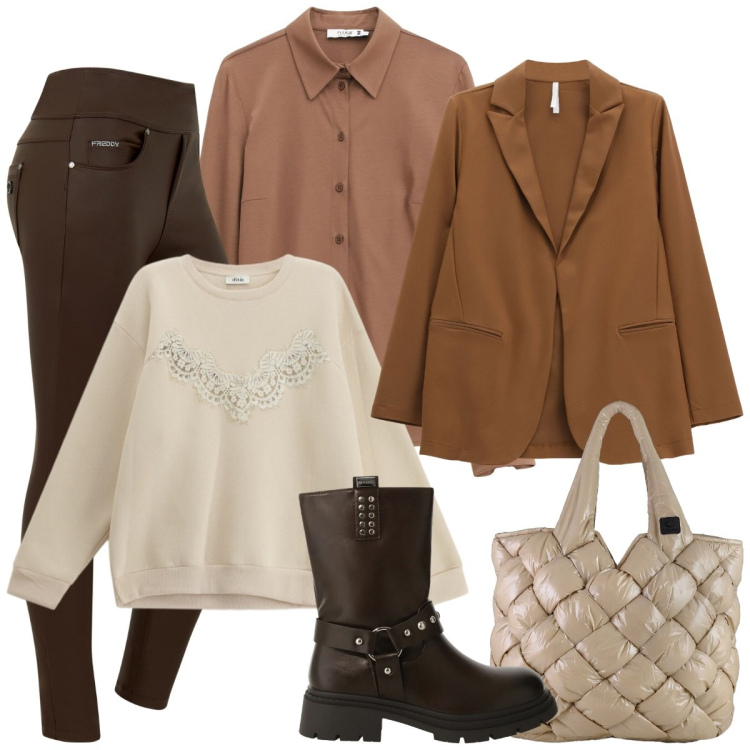 Outfit donna - La camicia sotto la felpa. Stile Basic per Ufficio. Abbinamento con camicie, stivali, blazer, jeans skinny, felpe, borse tote.