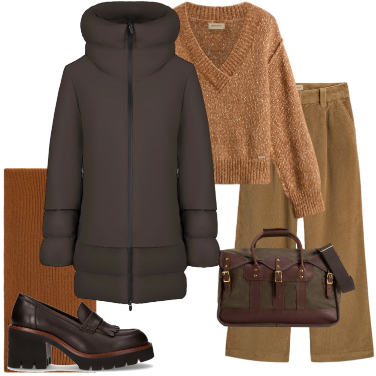 Outfit donna - Casual chic a novembre. Stile Casual chic per Tutti i giorni. Abbinamento con cappotti, pantaloni, sciarpe, borse a tracolla, maglieria, décolleté.