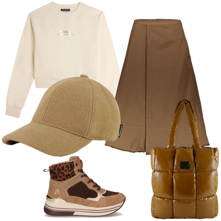 Outfit donna - Mattinata casual chic. Stile Casual chic per Tutti i giorni. Abbinamento con felpe, shopping bag, cappelli, gonne lunghe, sneakers alte.
