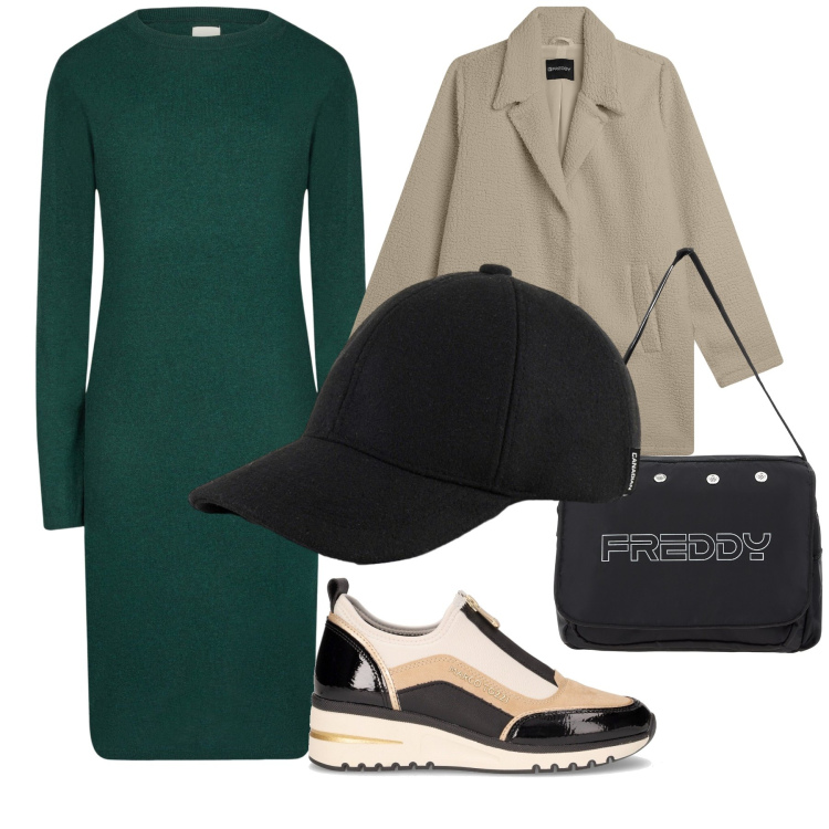 Outfit donna - Un abito per il casual chic della città. Stile Casual chic per Tutti i giorni. Abbinamento con borse messenger, cappotti, cappelli, vestiti midi/longuette, sneakers alte.