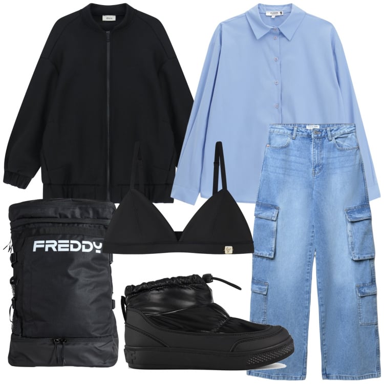 Outfit donna - Casual chic sempre. Stile Casual chic per Tutti i giorni. Abbinamento con camicie, jeans, bomber, reggiseni, zaini, stivaletti.