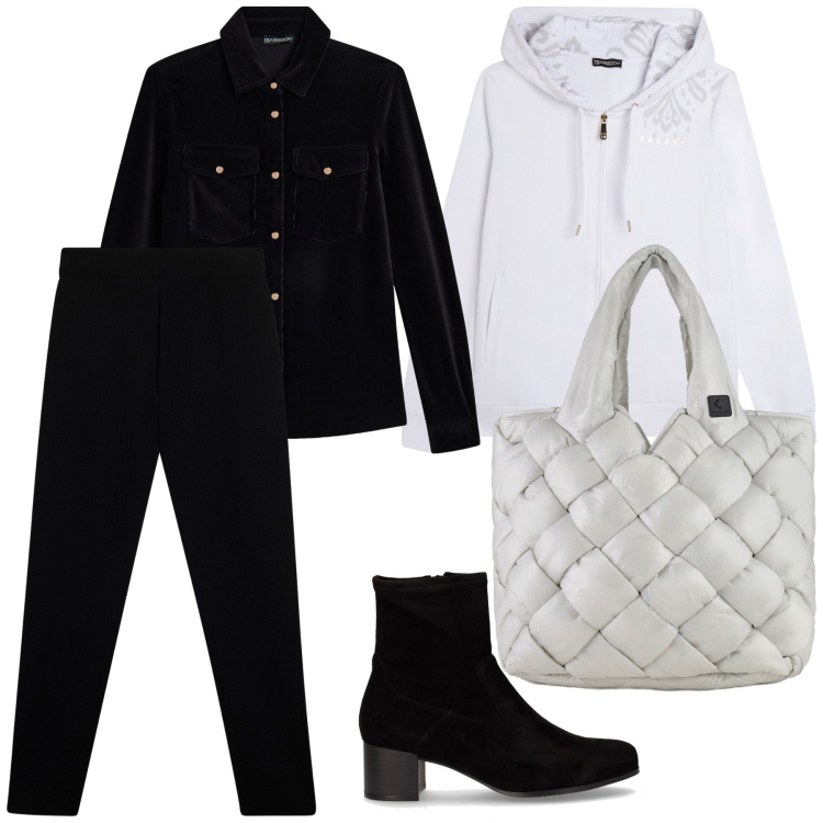 Outfit donna - Ufficio casual chic con felpa. Stile Casual chic per Ufficio. Abbinamento con camicie, pantaloni, felpe con cappuccio, borse tote, stivaletti.