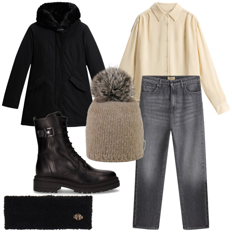 Outfit donna - W lo stile casual chic. Stile Casual chic per Tutti i giorni. Abbinamento con fasce per capelli, berretti, jeans, camicie, parka, anfibi.