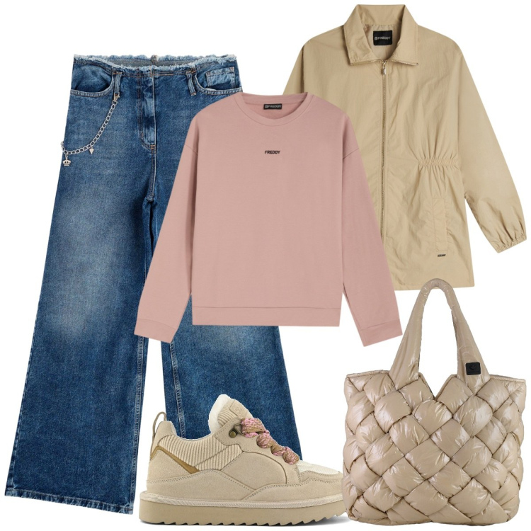 Outfit donna - Il jeans. Stile Basic per Tutti i giorni. Abbinamento con jeans dritti, felpe, parka, borse tote, sneakers alte.