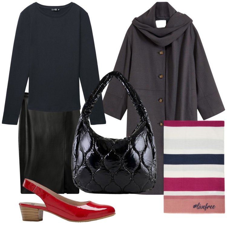 Outfit donna - Semplicemente in ufficio. Stile Urban per Ufficio. Abbinamento con décolleté, cappotti, gonne longuette, t-shirt, borse tote, sciarpe.