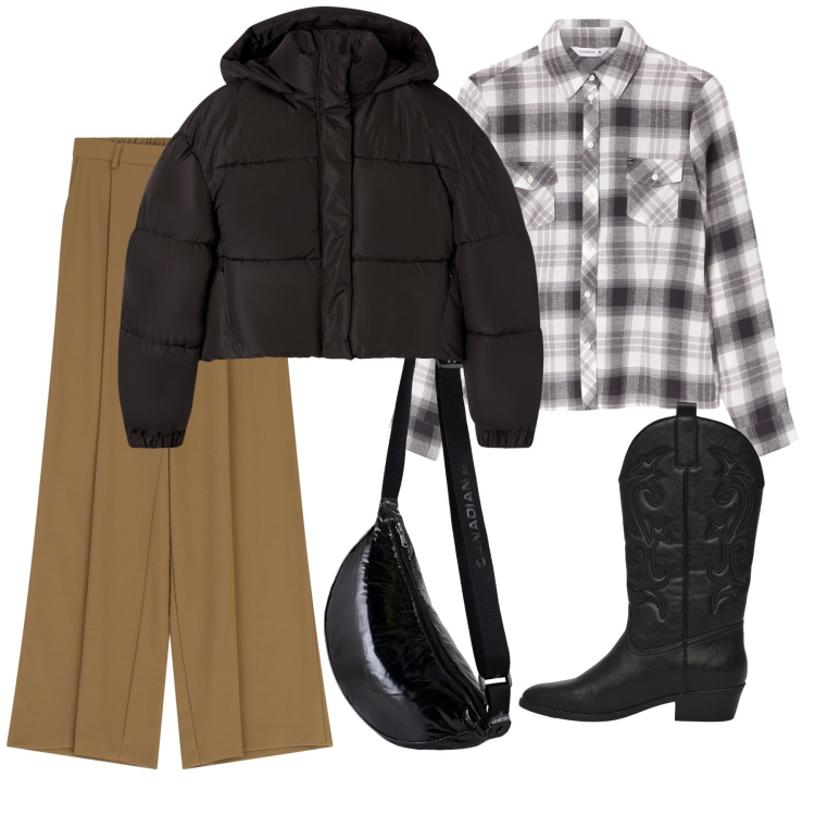 Outfit donna - Pronta per la giornata. Stile Trendy per Tutti i giorni. Abbinamento con bomber, stivaletti texani, camicie, pantaloni a palazzo, borse a tracolla.