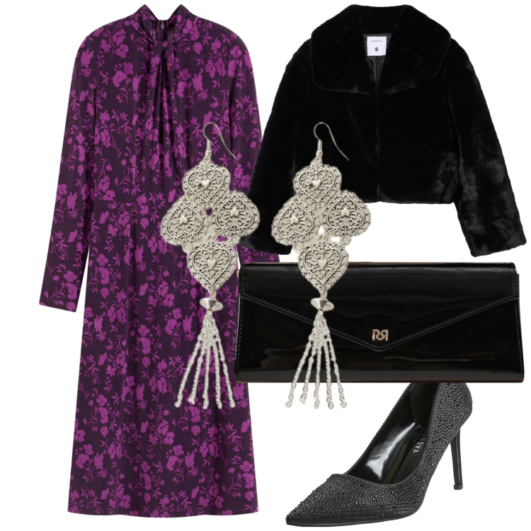 Outfit donna - Cerimonia invernale. Stile Bon Ton per Cerimonia. Abbinamento con vestiti midi/longuette, pochette, ecopellicce, décolleté, orecchini.