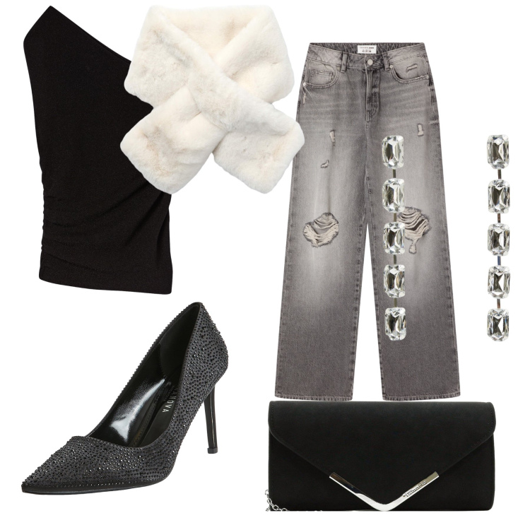 Outfit donna - Primi aperitivi dí festa. Stile Glamour per Serata fuori. Abbinamento con pochette, jeans strappati, décolleté, sciarpe, top, orecchini.