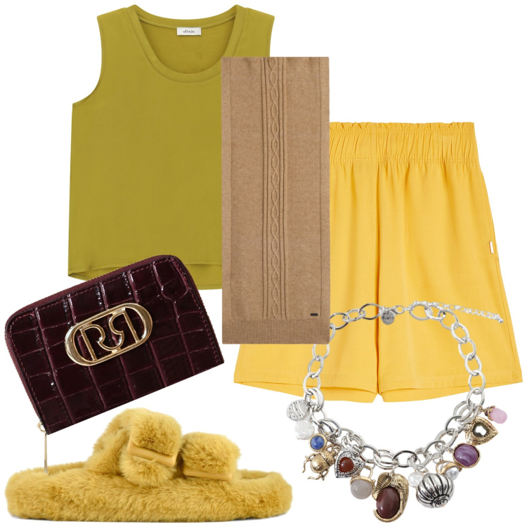 Outfit donna - Oggi a casa. Stile Trendy per Tutti i giorni. Abbinamento con portafogli, braccialetti con ciondoli, canottiere, pantaloni corti, sciarpe, ciabatte.