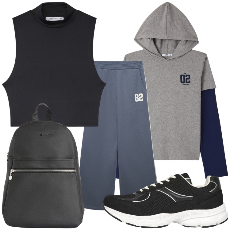 Outfit donna - I numeri dello sport. Stile Casual per Tutti i giorni. Abbinamento con sneakers, top, t-shirt, pantaloni, zaini.