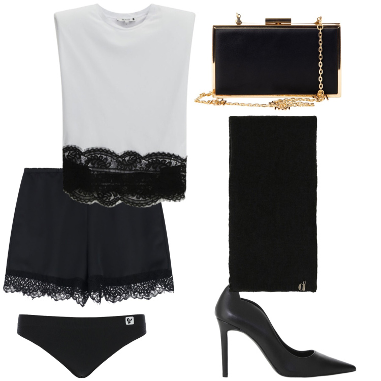 Outfit donna - Una sciarpa per la serata fredda e glam. Stile Glamour per Serata fuori. Abbinamento con top, pochette, shorts, décolleté, sciarpe, slip.