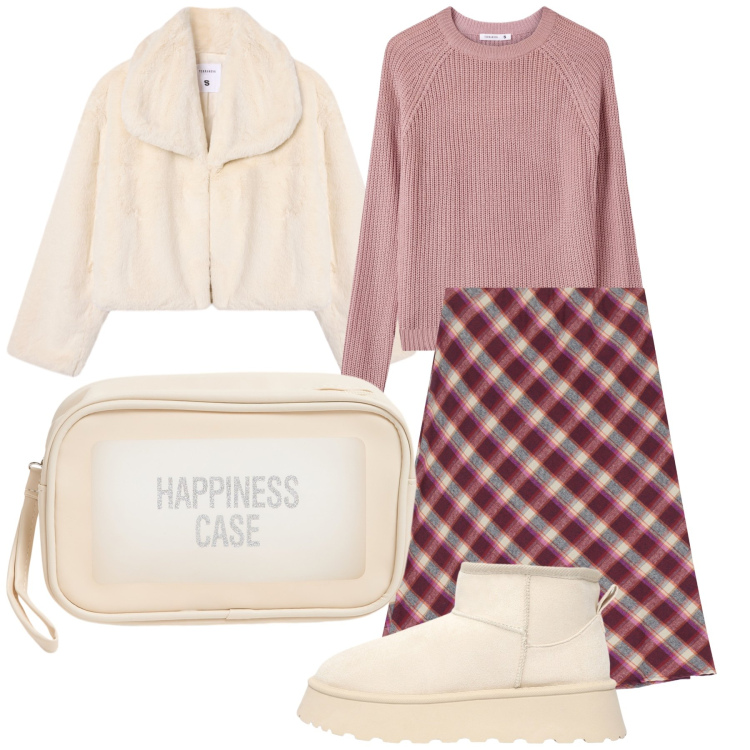 Outfit donna - Happiness look. Stile Basic per Tutti i giorni. Abbinamento con maglieria, ecopellicce, stivaletti, valigie, gonne.