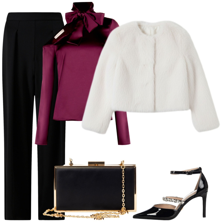 Outfit donna - Una sera coi fiocchi. Stile Glamour per Serata fuori. Abbinamento con bluse, ecopellicce, pochette, pantaloni, décolleté.
