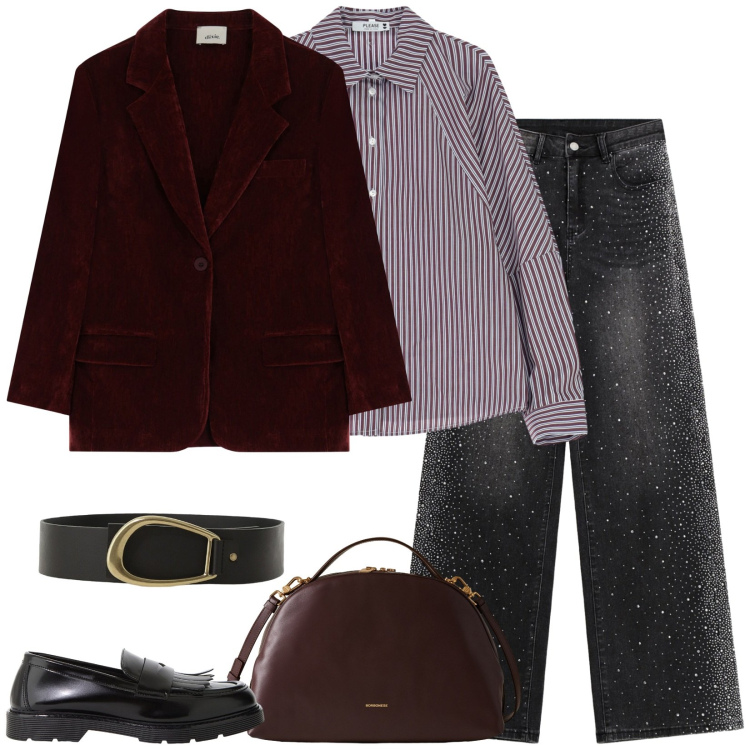 Outfit donna - Velluto. Stile Casual chic per Scuola/Università. Abbinamento con camicie, borse a mano, mocassini, jeans, blazer, cinture.