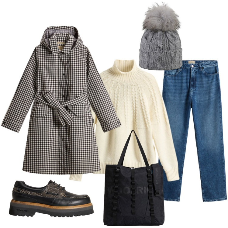 Outfit donna - Il trench a quadretti. Stile Casual chic per Tutti i giorni. Abbinamento con berretti, maglieria, borse tote, mocassini, trench, jeans.