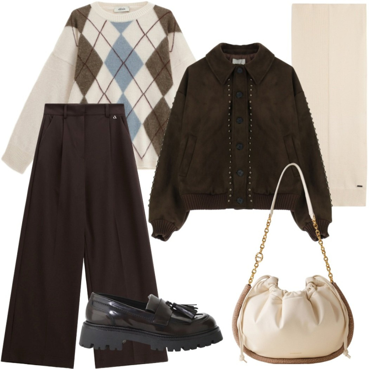 Outfit donna - La mia giacca bomber. Stile Urban per Tutti i giorni. Abbinamento con borse a spalla, sciarpe, bomber, mocassini, pantaloni a palazzo, maglieria.