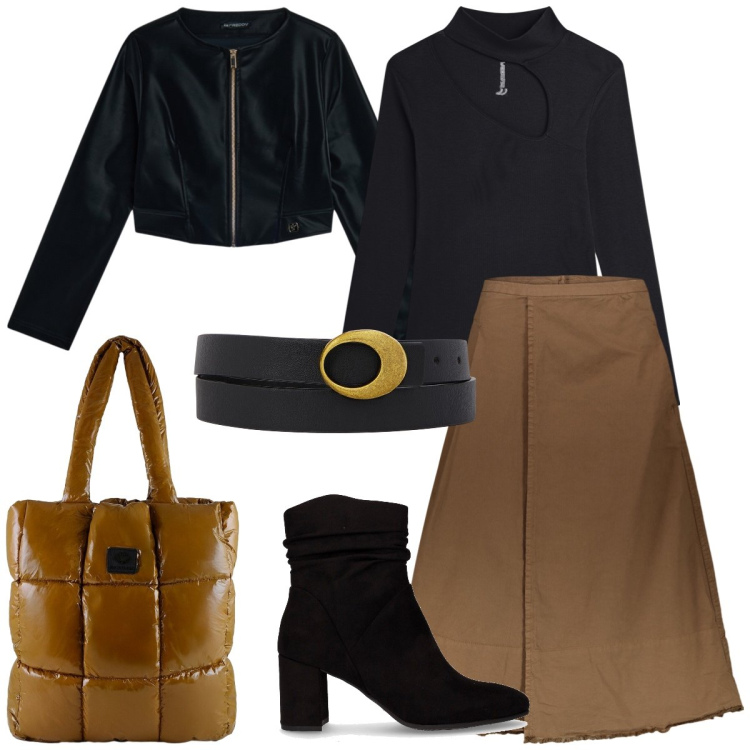 Outfit donna - Total look #2291041. Stile Casual chic per Tutti i giorni. Abbinamento con blazer, maglieria, shopping bag, gonne lunghe, stivaletti, cinture.