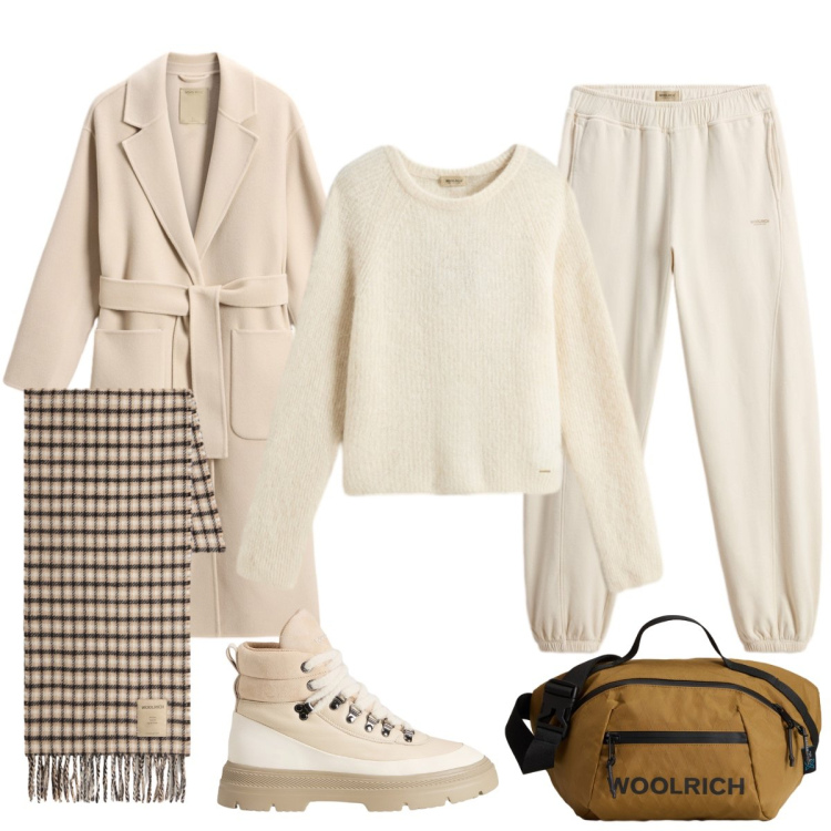 Outfit donna - Casual chic con Woolrich. Stile Casual per Tutti i giorni. Abbinamento con pantaloni, maglieria, borse a tracolla, cappotti, sciarpe, anfibi.