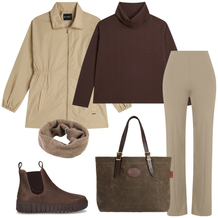 Outfit donna - Total look #2291043. Stile Casual chic per Tutti i giorni. Abbinamento con pantaloni skinny, parka, maglieria, scaldacollo, borse tote, stivaletti chelsea.