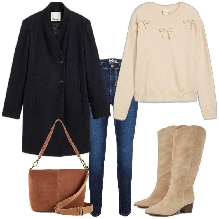 Outfit femme - Petit pull beige. Style Basique pour Tous les jours. Assortir avec pulls, sacs à main, manteaux, jean skinny, bottines.