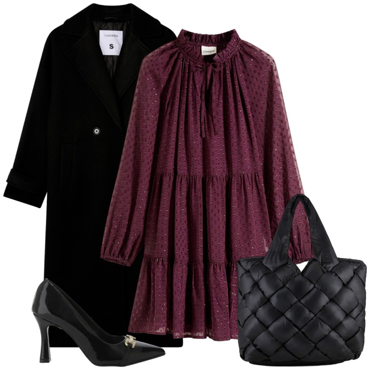Outfit donna - L\'abito viola. Stile Basic per Serata fuori. Abbinamento con vestiti, cappotti, décolleté, borse tote.