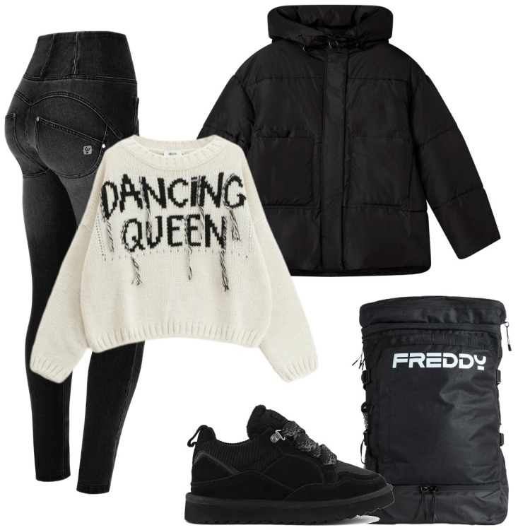 Outfit donna - Scuola. Stile Basic per Scuola/Università. Abbinamento con bomber, jeans strappati, zaini, maglieria, sneakers alte.