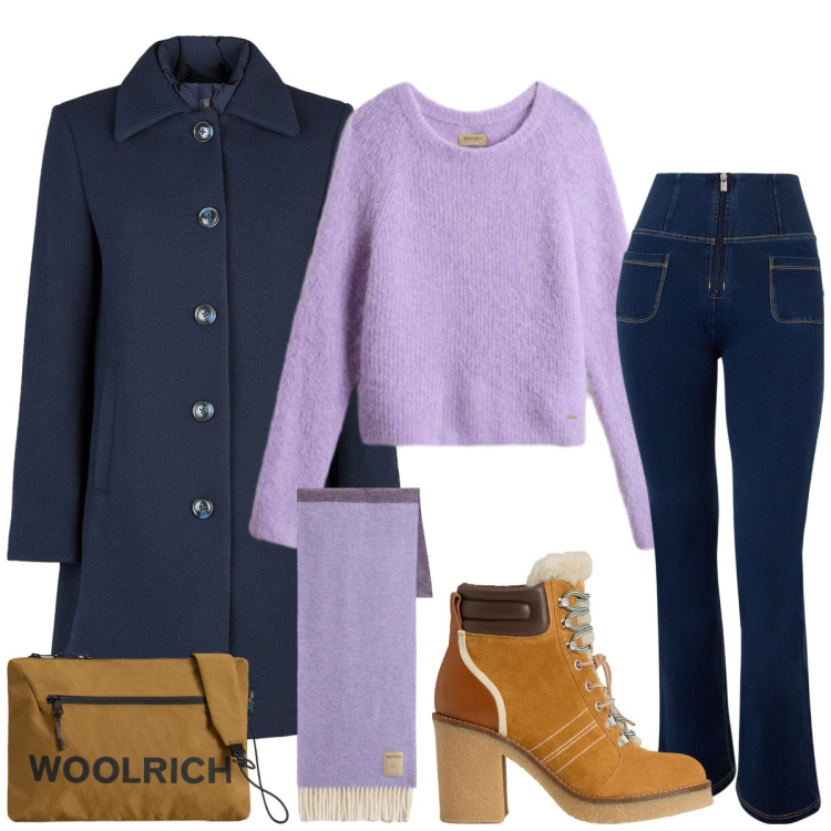 Outfit donna - Total look #2291057. Stile Casual chic per Tutti i giorni. Abbinamento con jeans, cappotti, borse a tracolla, stivaletti, maglieria, sciarpe.