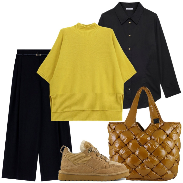 Outfit donna - Giallo. Stile Basic per Ufficio. Abbinamento con maglieria, pantaloni, borse tote, sneakers alte, camicie.