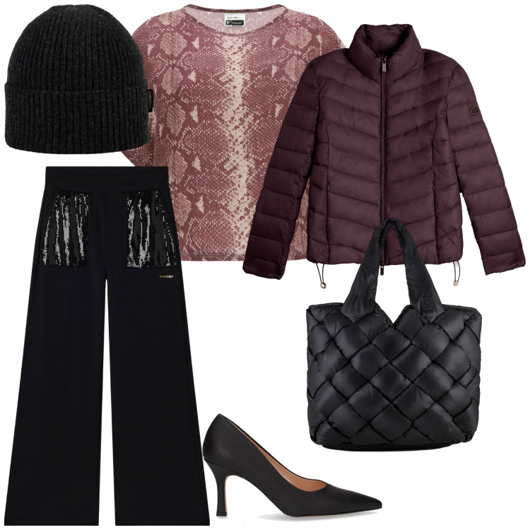 Outfit donna - Casual chic a novembre. per Tutti i giorni. Abbinamento con bluse, piumini, pantaloni, berretti, borse tote, décolleté.