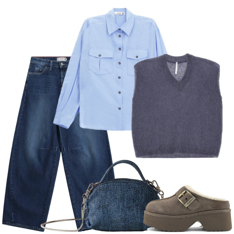 Outfit donna - Scuola. Stile Basic per Scuola/Università. Abbinamento con jeans, camicie, maglieria, borse a mano, sabot.