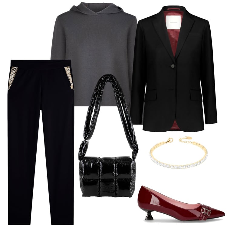 Outfit donna - Casual chic a novembre. per Ufficio. Abbinamento con pantaloni, braccialetti, borse a spalla, blazer, maglieria, décolleté.