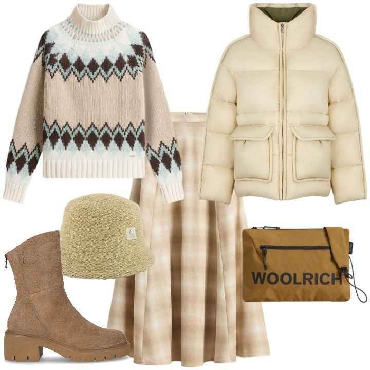 Outfit donna - Casual-chic a novembre. Stile Casual chic per Tutti i giorni. Abbinamento con cappelli, blazer, borse a tracolla, maglieria, gonne lunghe, stivaletti.