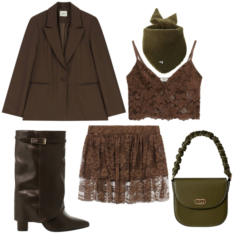 Outfit donna - Total look #2291064. Stile Chic per Serata fuori. Abbinamento con borse a mano, stivali, minigonne, blazer, foulard, top.