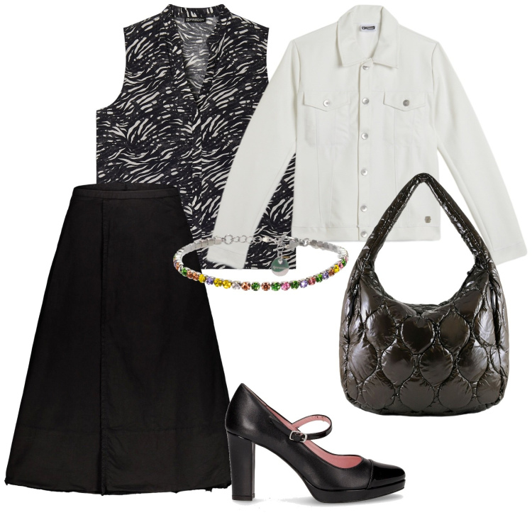 Outfit donna - Casual chic a novembre. per Ufficio. Abbinamento con bluse, giacche, braccialetti, borse tote, gonne lunghe, décolleté.