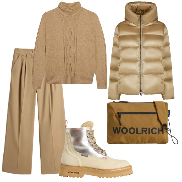 Outfit donna - Casual chic a novembre. per Tutti i giorni. Abbinamento con maglieria, piumini, borse a tracolla, anfibi, pantaloni.