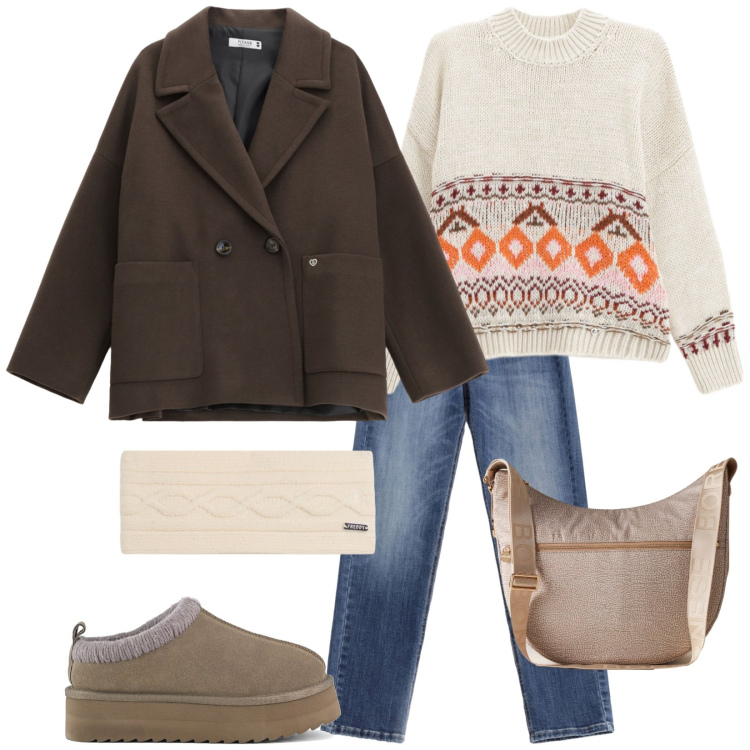 Outfit donna - Il cappotto corto. Stile Casual per Tutti i giorni. Abbinamento con maglieria, jeans, cappotti, borse a spalla, accessori per capelli, sabot.