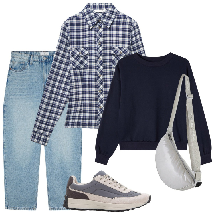 Outfit donna - Scuola. Stile Basic per Scuola/Università. Abbinamento con sneakers, felpe, jeans, camicie, borse a tracolla.