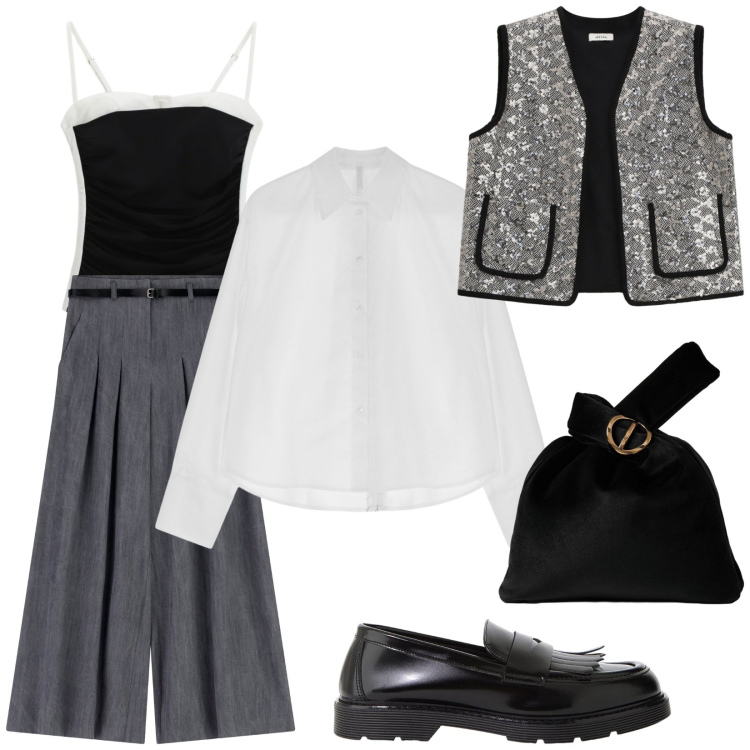 Outfit donna - Serata particolare. Stile Glamour per Serata fuori. Abbinamento con body, pantaloni a palazzo, camicie, borse a mano, mocassini, gilet.