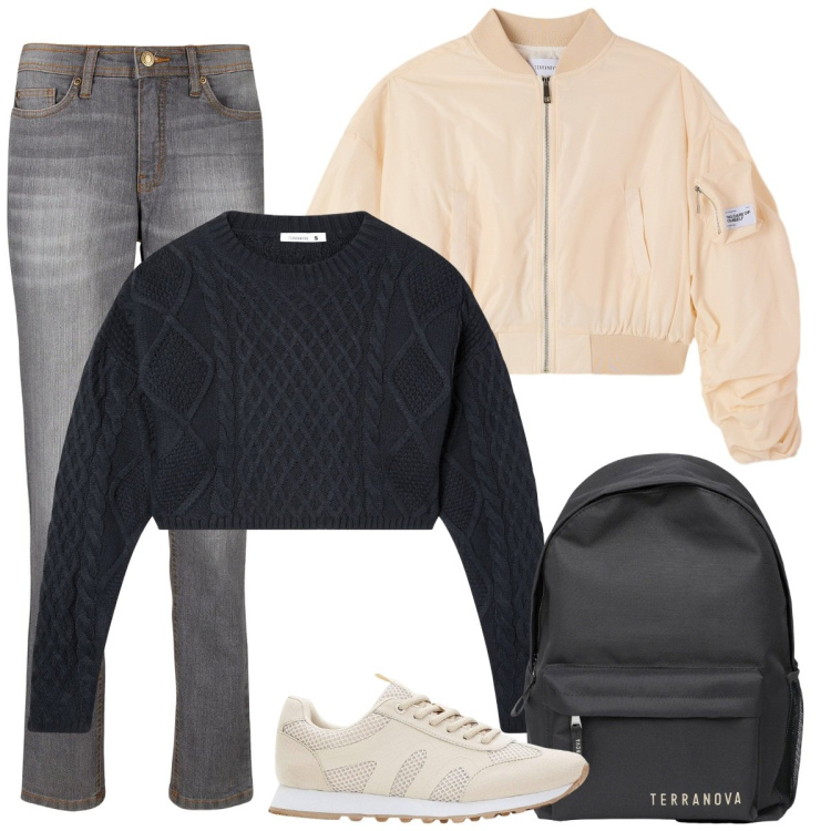 Outfit donna - Università. Stile Basic per Scuola/Università. Abbinamento con jeans mom, sneakers, zaini, maglieria, bomber.