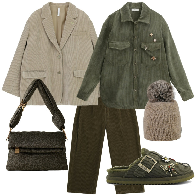 Outfit donna - In velluto in novembre. Stile Casual chic per Tutti i giorni. Abbinamento con blazer, borse a tracolla, camicie, pantaloni a palazzo, berretti, sabot.