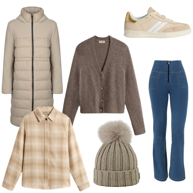 Outfit donna - Casual chic in città. Stile Casual chic per Tutti i giorni. Abbinamento con jeans, cappotti, berretti, sneakers, cardigans, camicie.