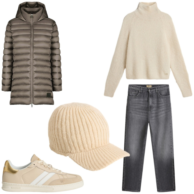 Outfit donna - Comoda e chic. Stile Casual chic per Tutti i giorni. Abbinamento con piumini, jeans, maglieria, sneakers, cappelli.